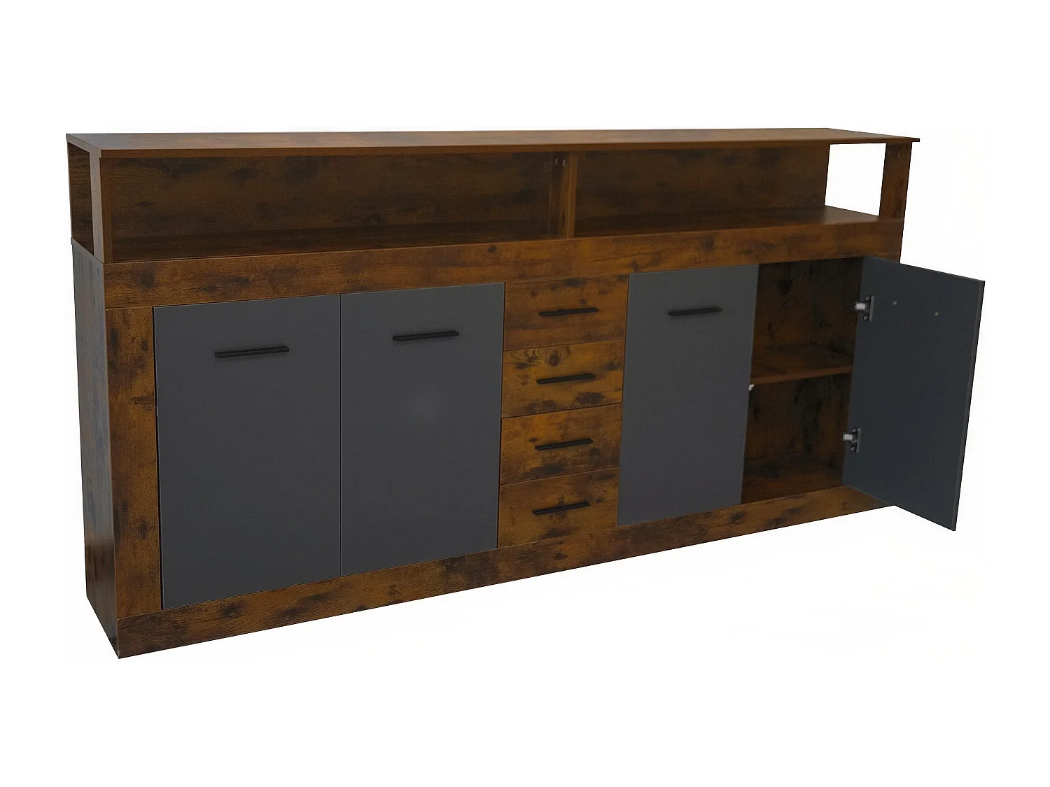 Buffet style industriel L190cm 4 portes er 4 tiroirs Lunata Bois foncé et Gris