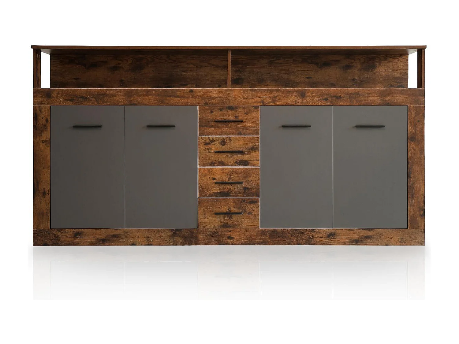 Buffet style industriel L190cm 4 portes er 4 tiroirs Lunata Bois foncé et Gris