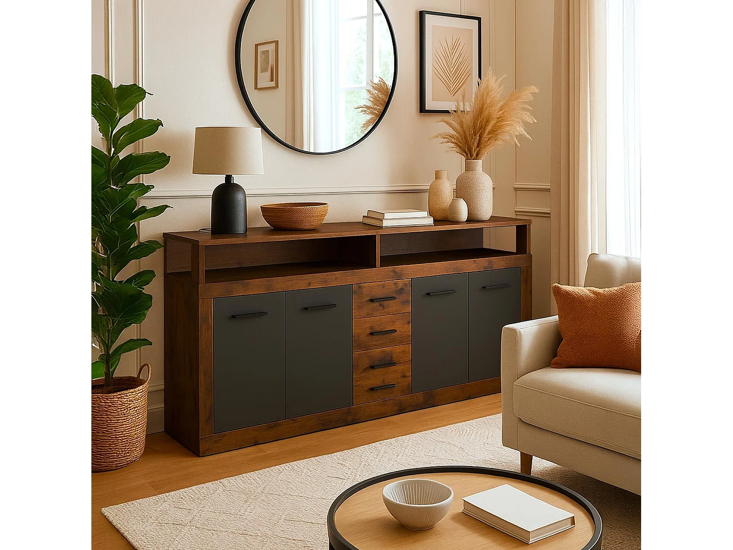 Buffet style industriel L190cm 4 portes er 4 tiroirs Lunata Bois foncé et Gris