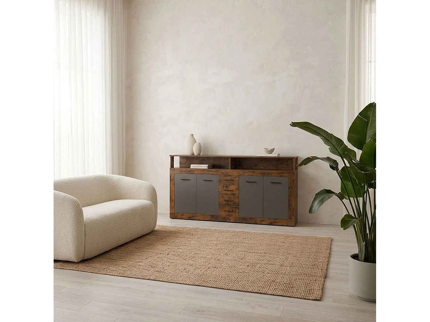 Buffet style industriel L190cm 4 portes er 4 tiroirs Lunata Bois foncé et Gris