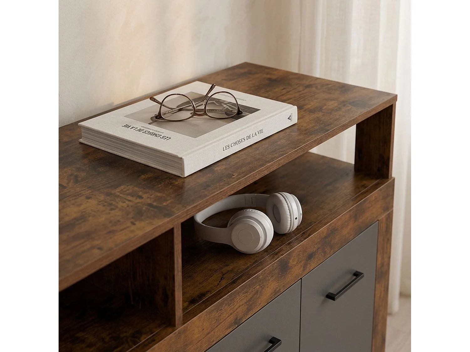 Buffet style industriel L190cm 4 portes er 4 tiroirs Lunata Bois foncé et Gris