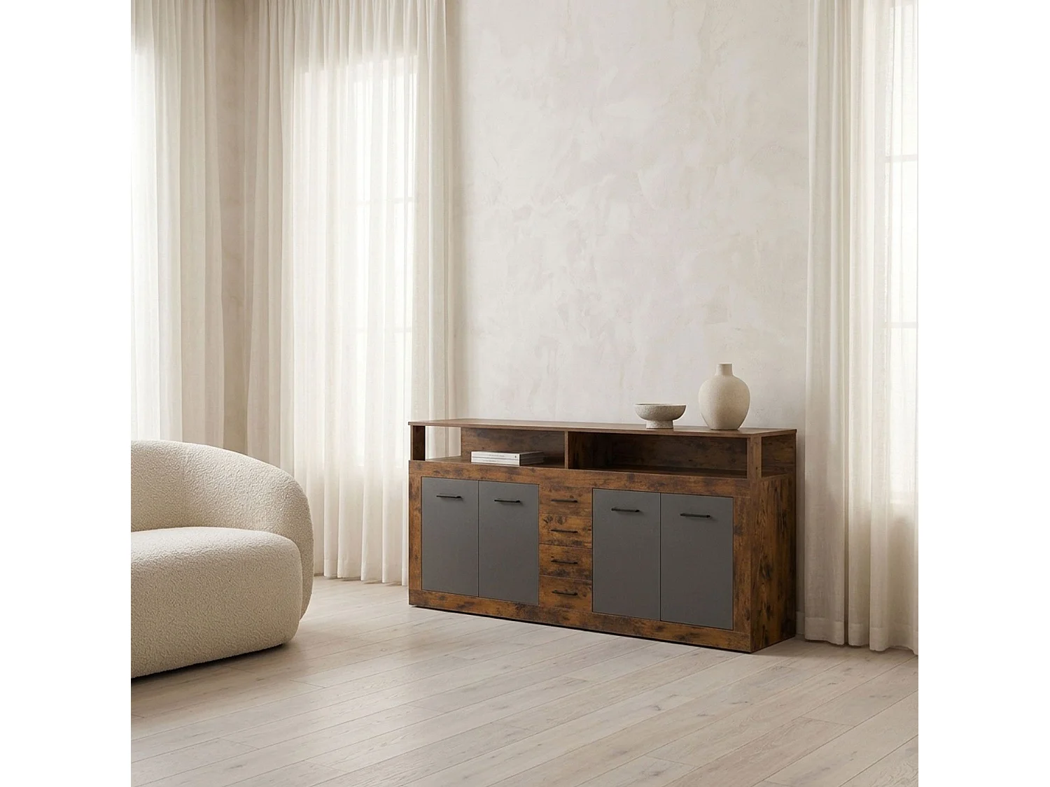 Buffet style industriel L190cm 4 portes er 4 tiroirs Lunata Bois foncé et Gris