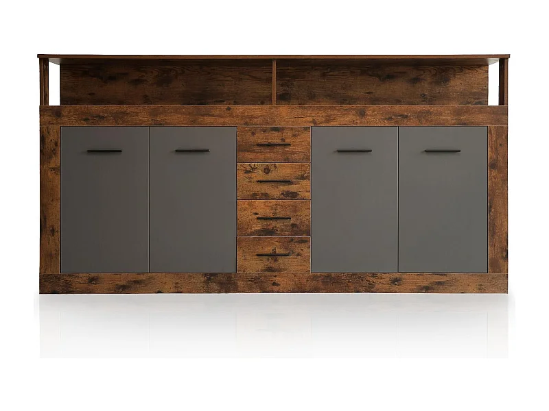 Buffet style industriel L190cm 4 portes er 4 tiroirs Lunata Bois foncé et Gris