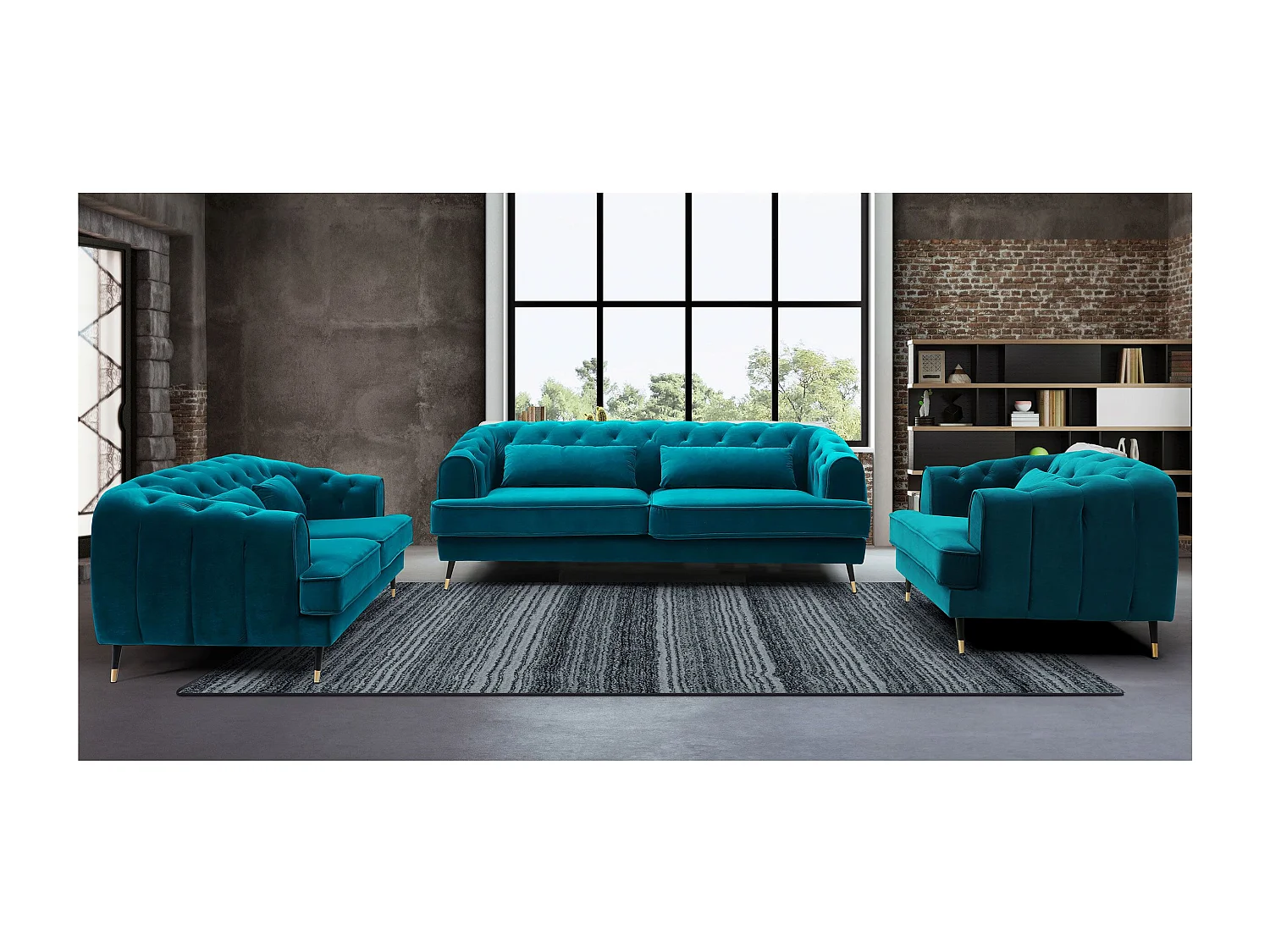 3-Sitzer-Sofa im Boudoir-Stil mit Knopfheftung Glams Samt Entenblau