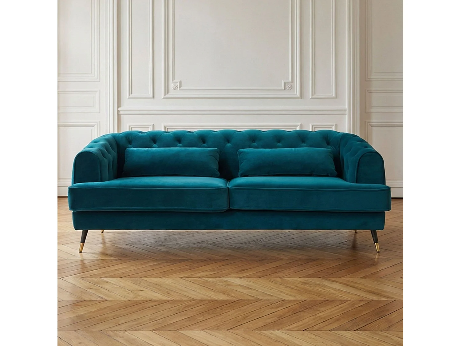Canapé capitonné 3 places style boudoir Glams Velours Bleu canard
