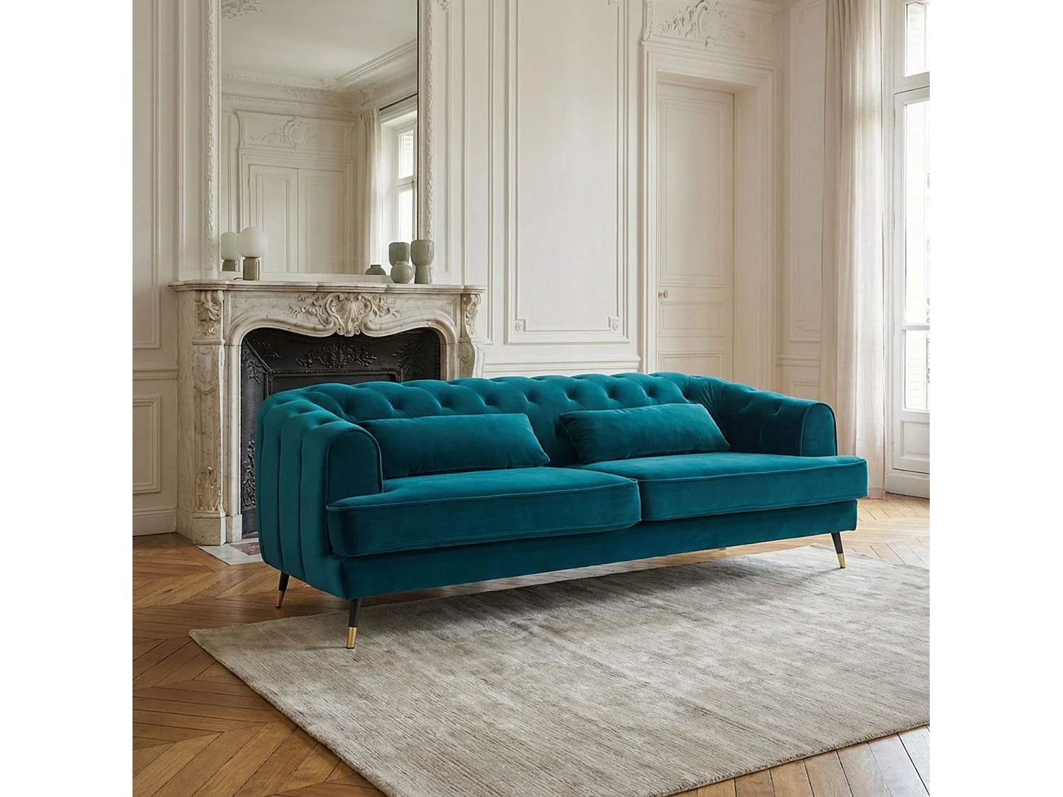 Canapé capitonné 3 places style boudoir Glams Velours Bleu canard