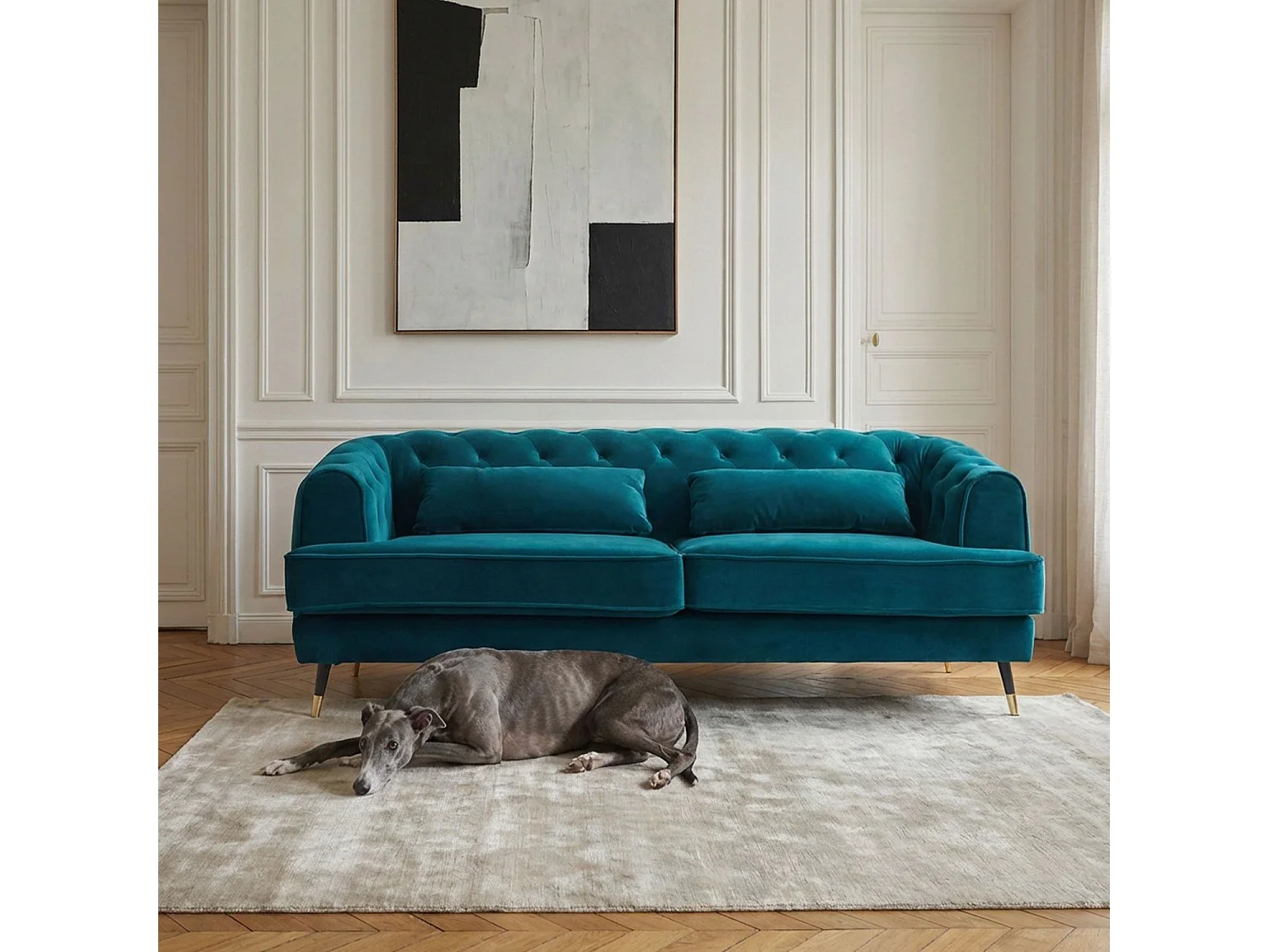 Canapé capitonné 3 places style boudoir Glams Velours Bleu canard