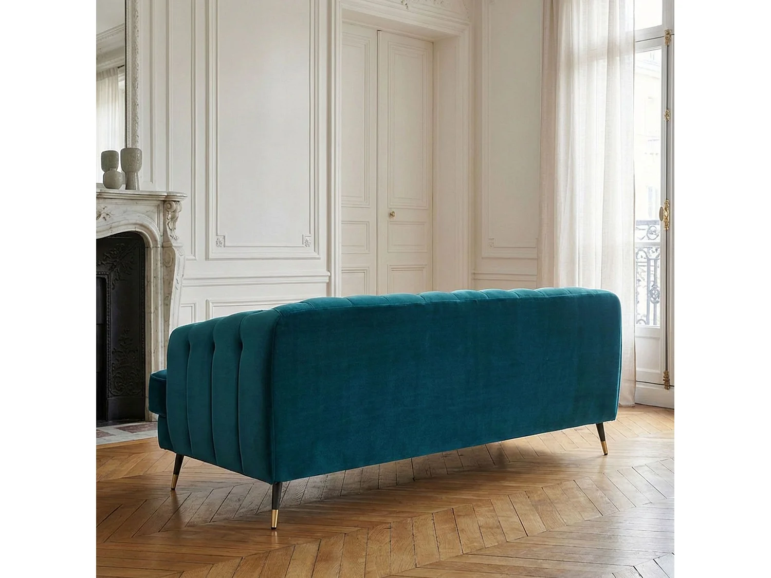 Canapé capitonné 3 places style boudoir Glams Velours Bleu canard