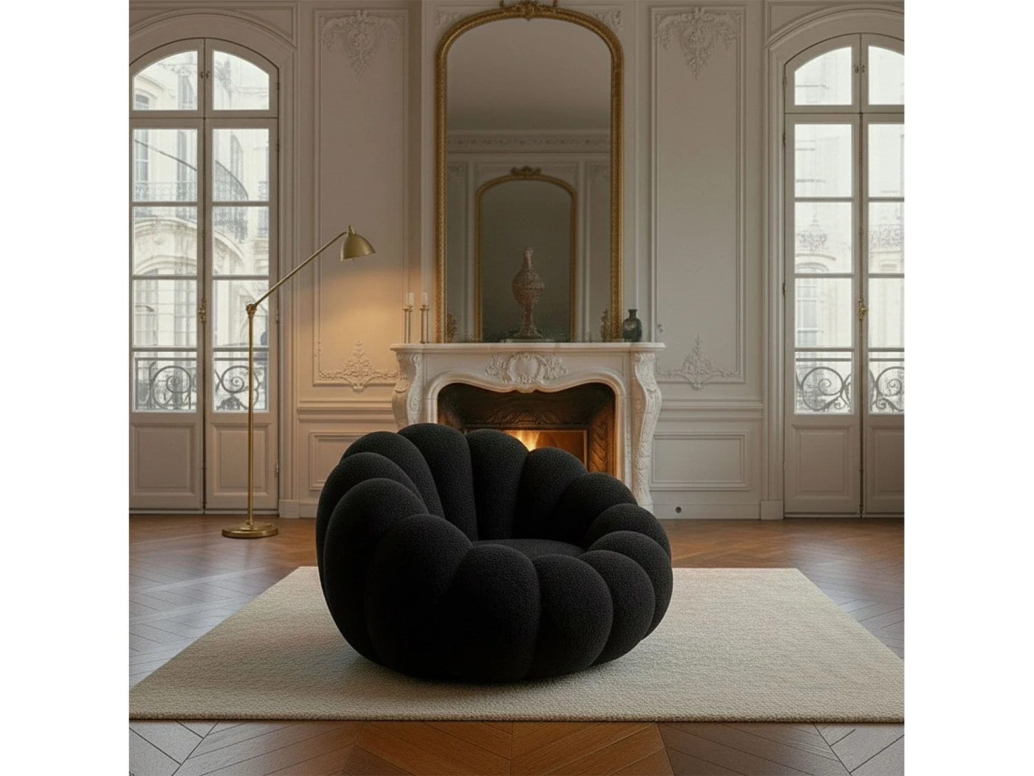 Fauteuil design coquillage Arielina Tissu bouclette Noir