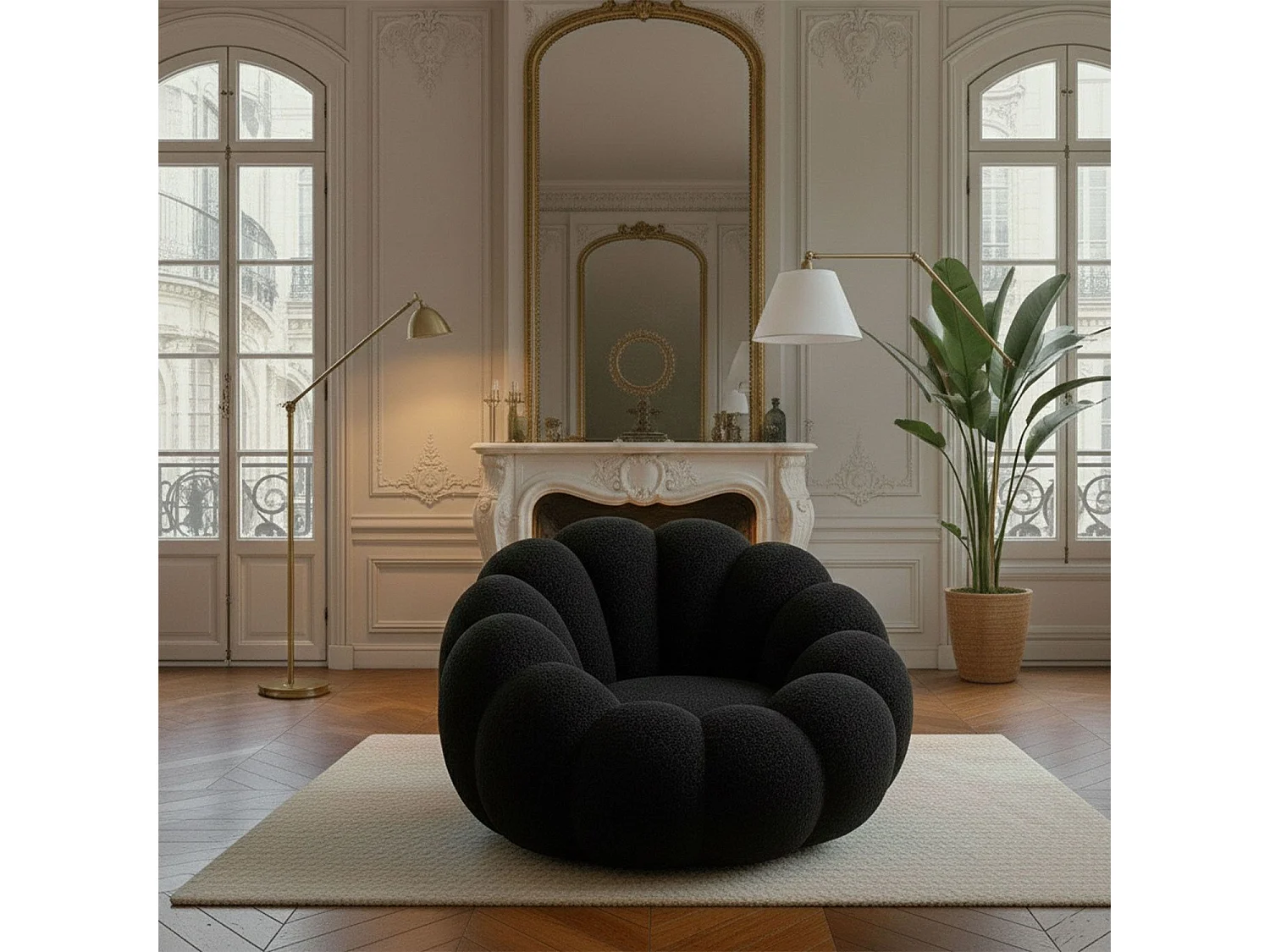 Fauteuil design coquillage Arielina Tissu bouclette Noir