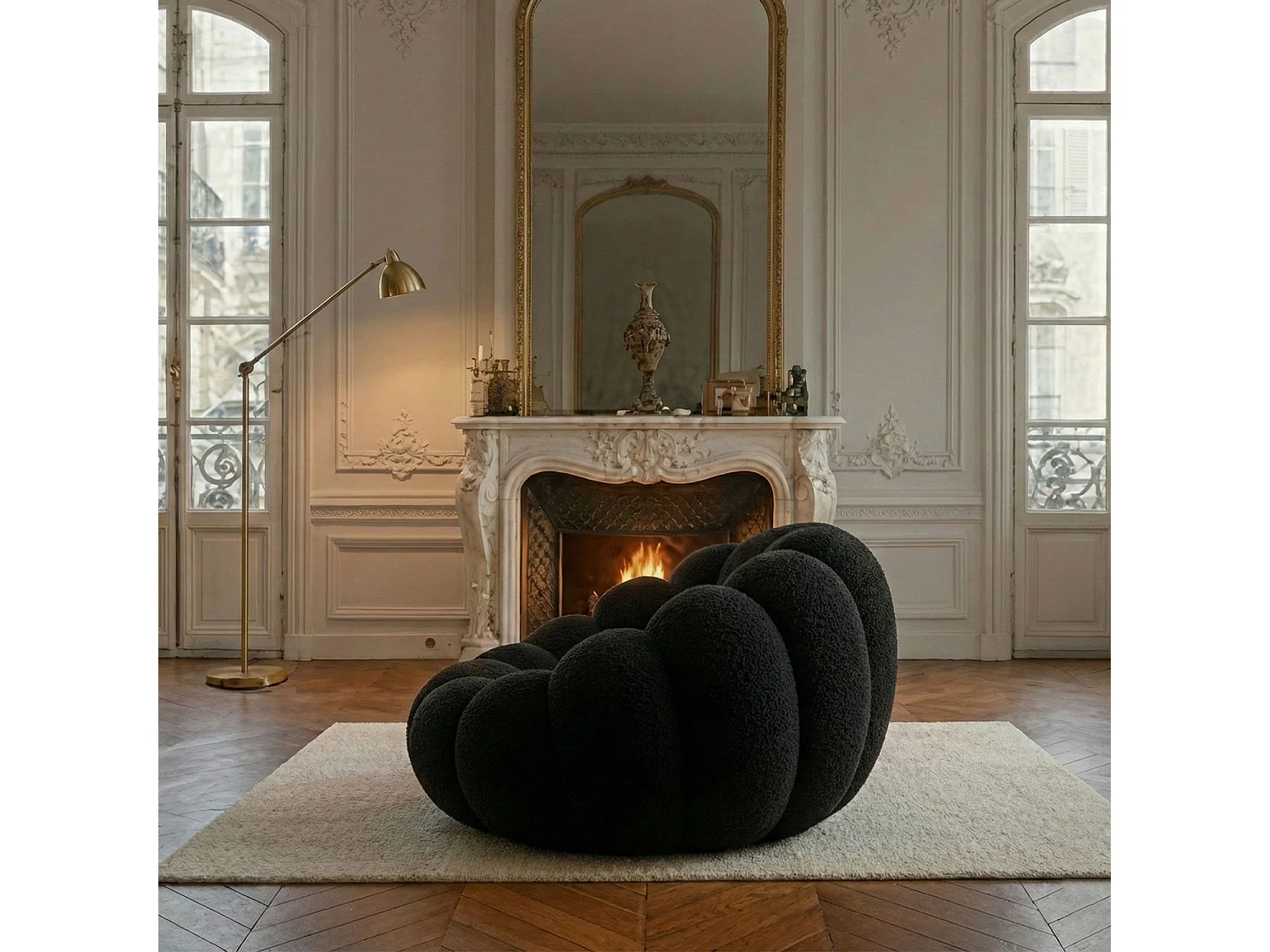 Fauteuil design coquillage Arielina Tissu bouclette Noir