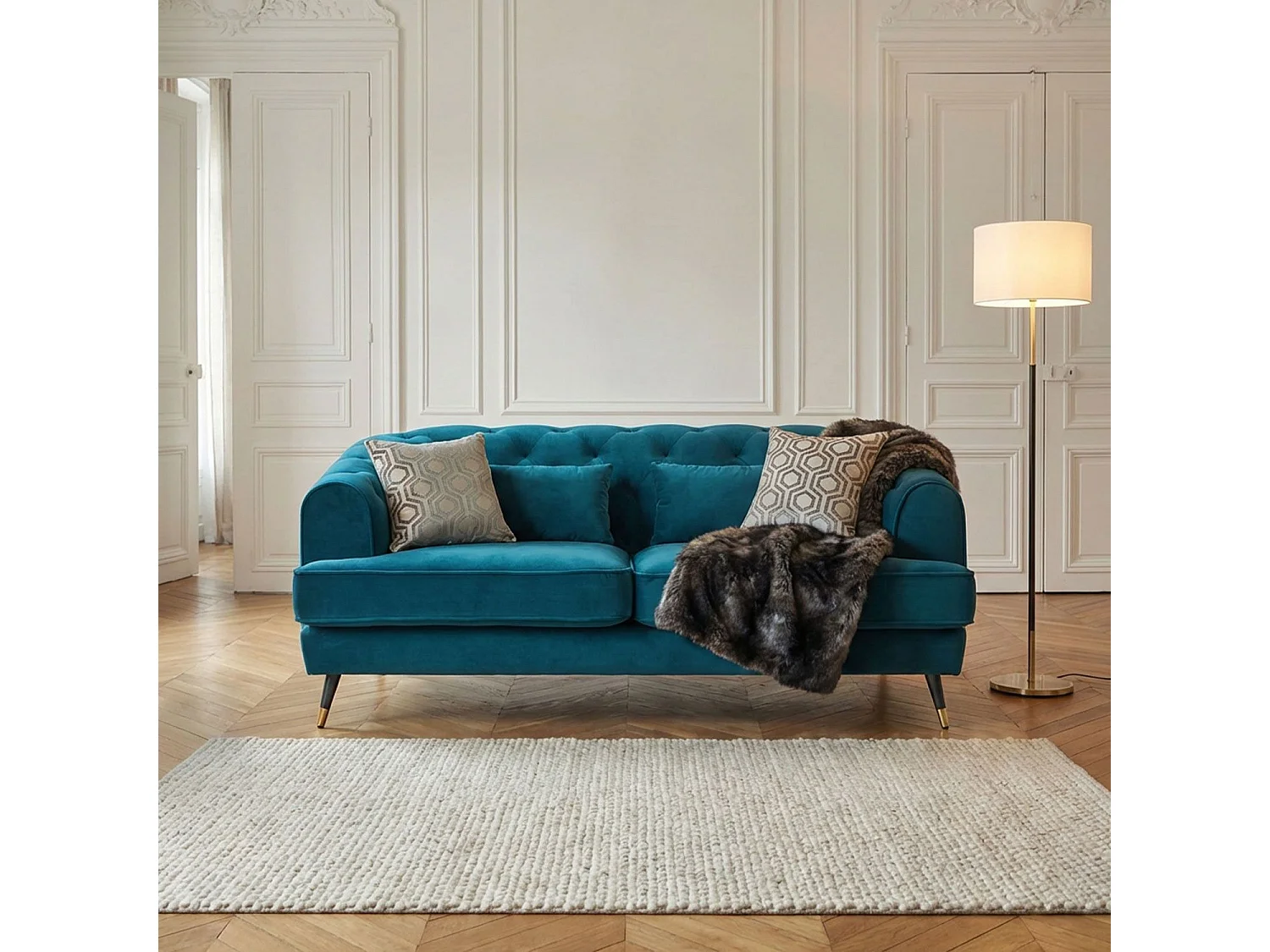 Samtsofa Blau Ente 2-Sitzer im Boudoir-Glamour-Stil