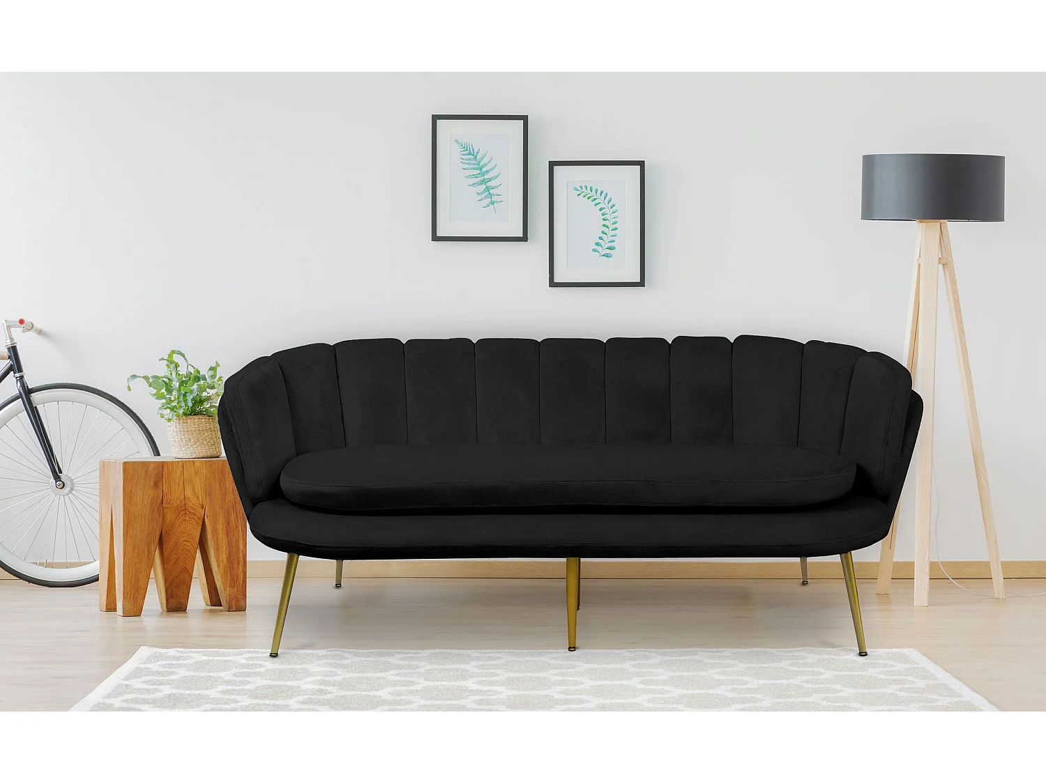 Moderne Schwarzer Samt 3-Sitzer Muschelsofa Brenda Goldene Beine