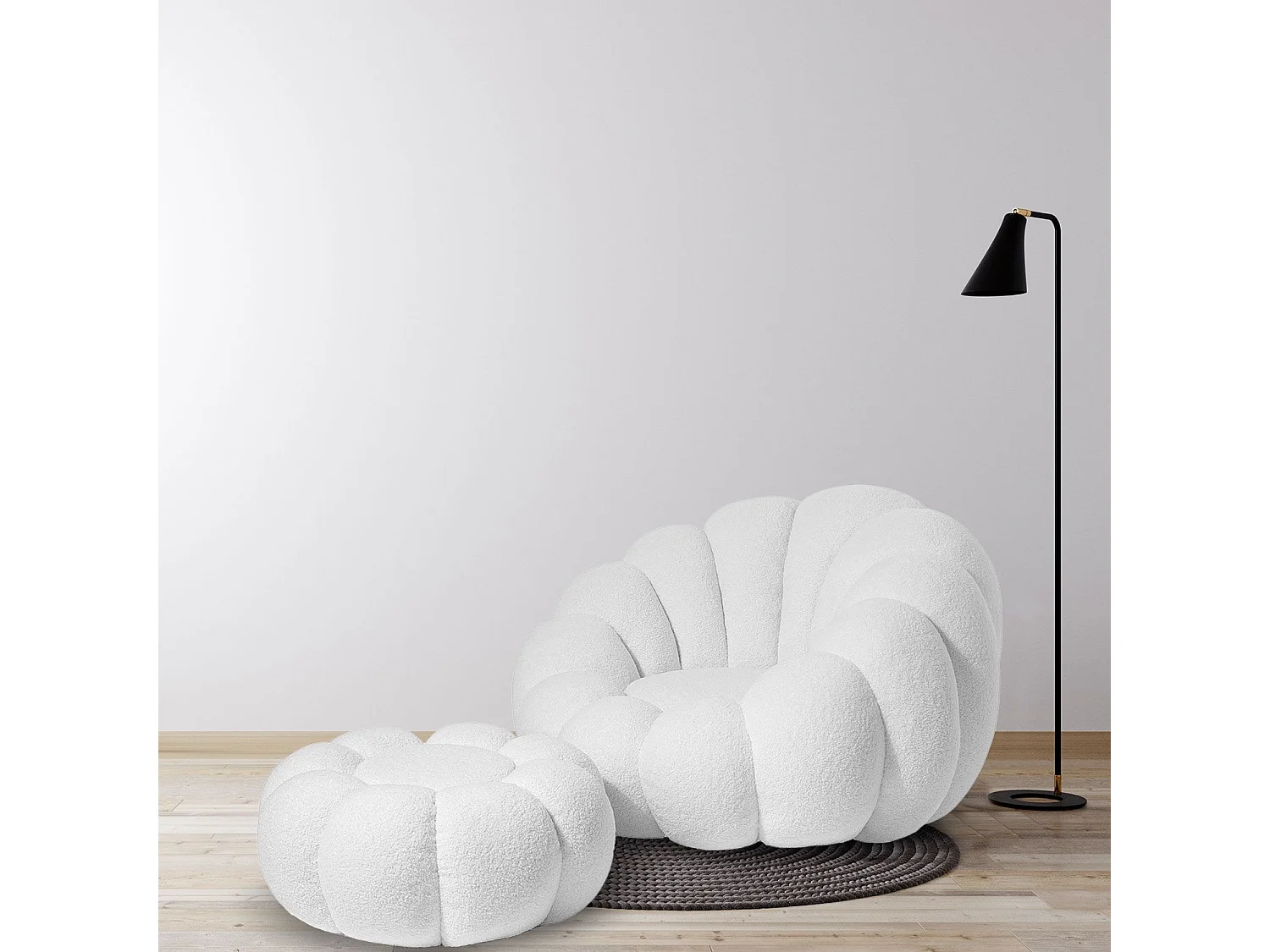 Design-Pouf Blumenform Arielina Bouclé-Stoff Weiß Bequem und elegant für ein modernes Interieur