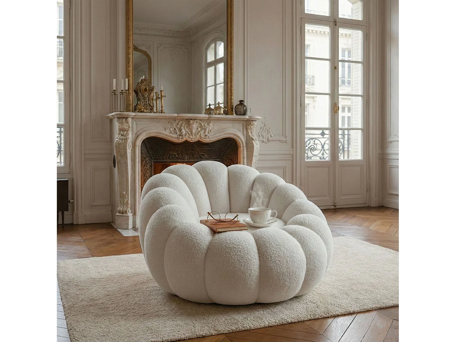 Fauteuil design coquillage Arielina Tissu bouclette Blanc
