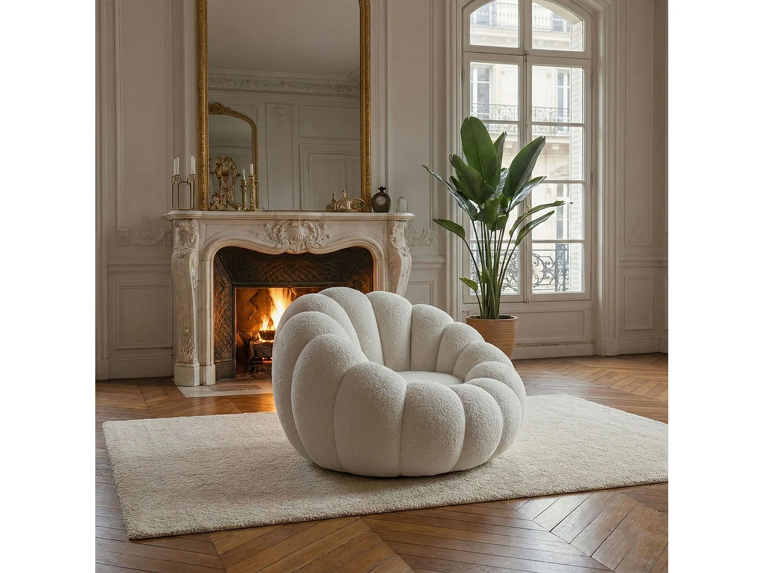 Fauteuil design coquillage Arielina Tissu bouclette Blanc
