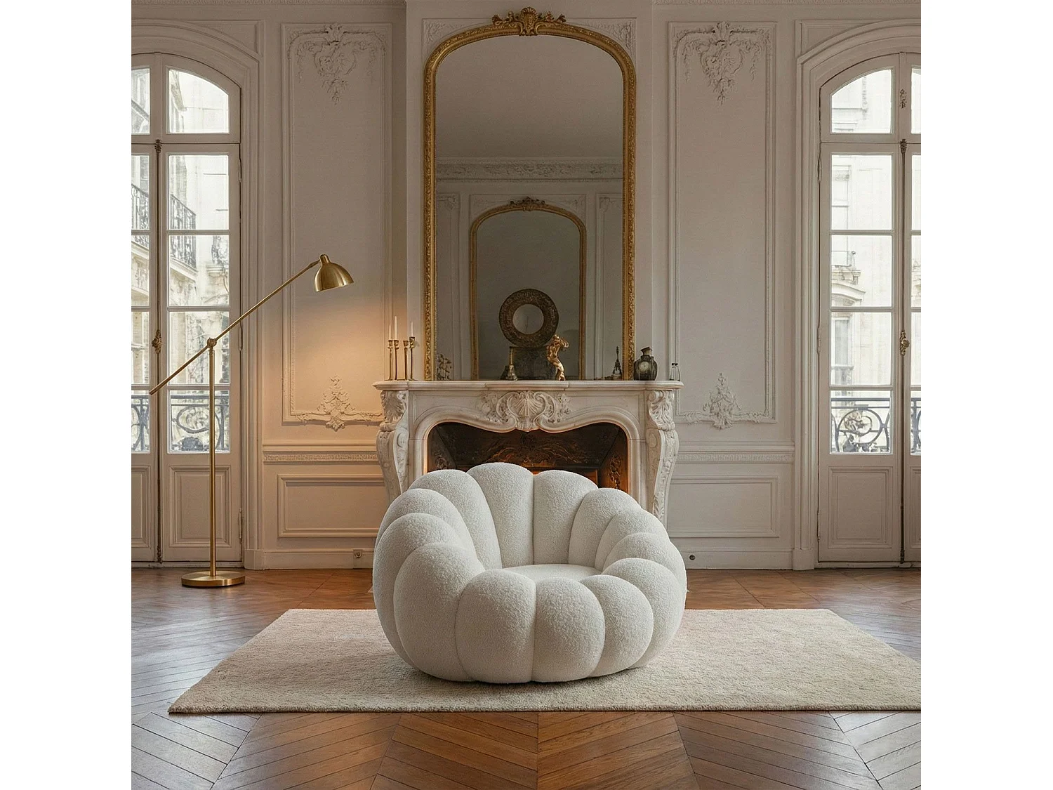 Fauteuil design coquillage Arielina Tissu bouclette Blanc