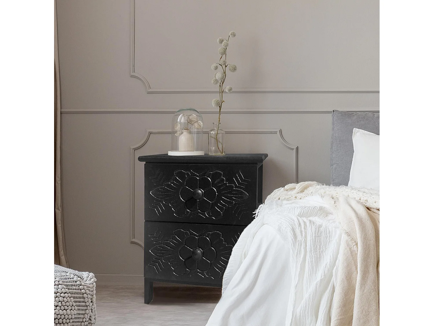 Table de chevet sculptée style marocain Chevignon L36cm Bois Noir