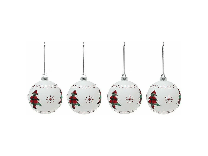Lot de 4 boules de Noël Mangart D8cm Verre Blanc Motif Sapin Rouge et Vert