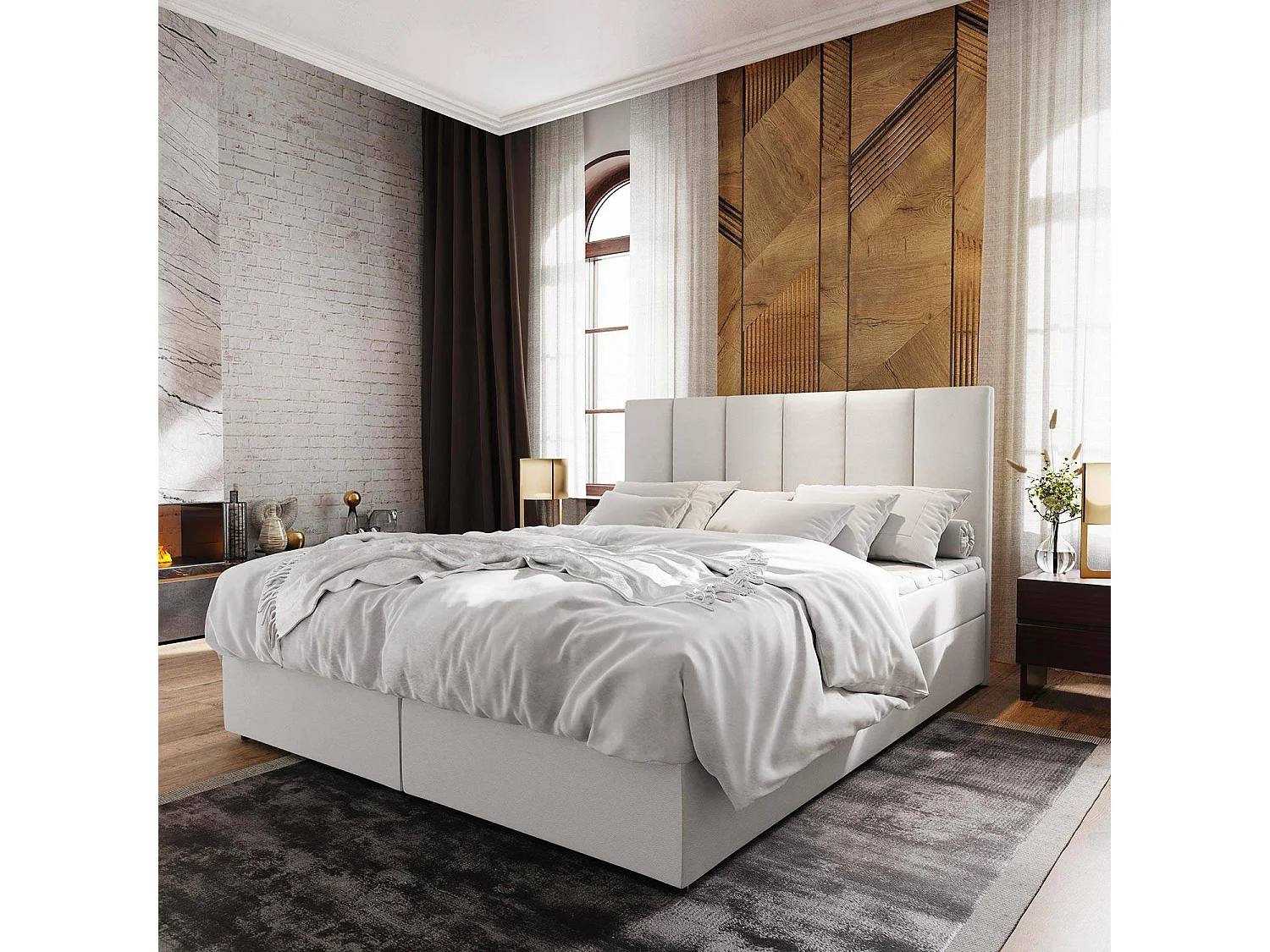 Lit boxspring avec matelas et sur-matelas inclus Meril 180x200cm Simili Blanc