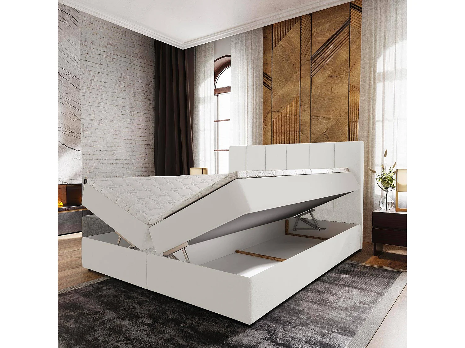 Lit boxspring avec matelas et sur-matelas inclus Meril 180x200cm Simili Blanc