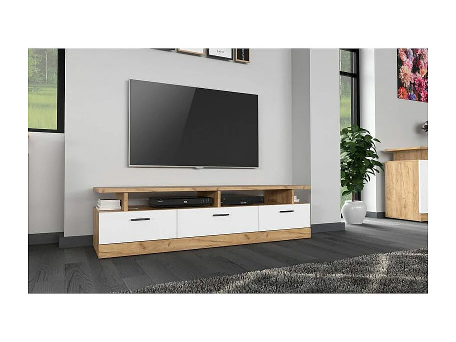 Meuble TV 3 Tiroirs "Dolores" 165cm Chêne & Blanc
