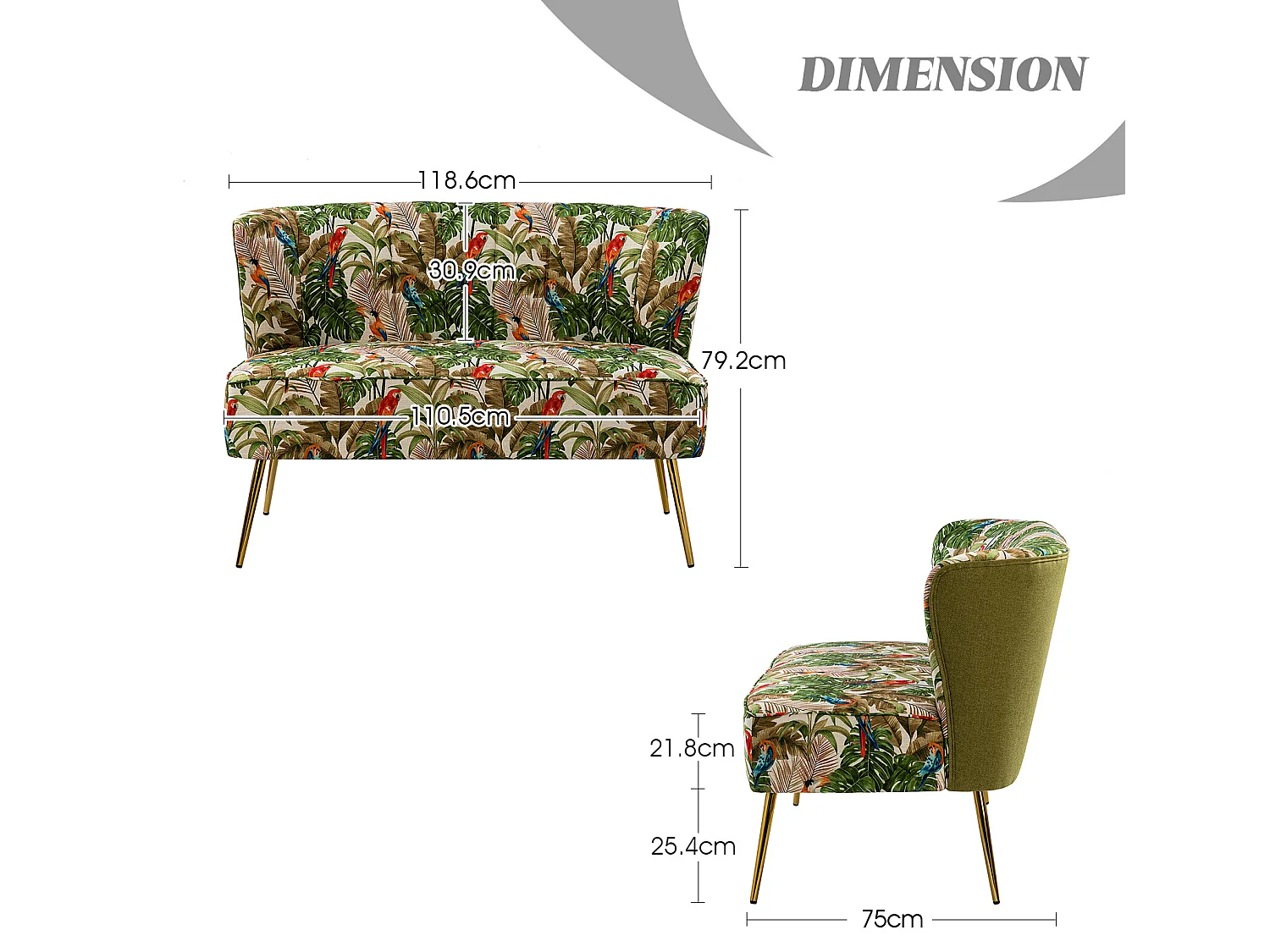 Banquette de Salon, Canapé 2 Places sans Accoudoir Confortable et Rembourré avec Pieds en Métal-VERT