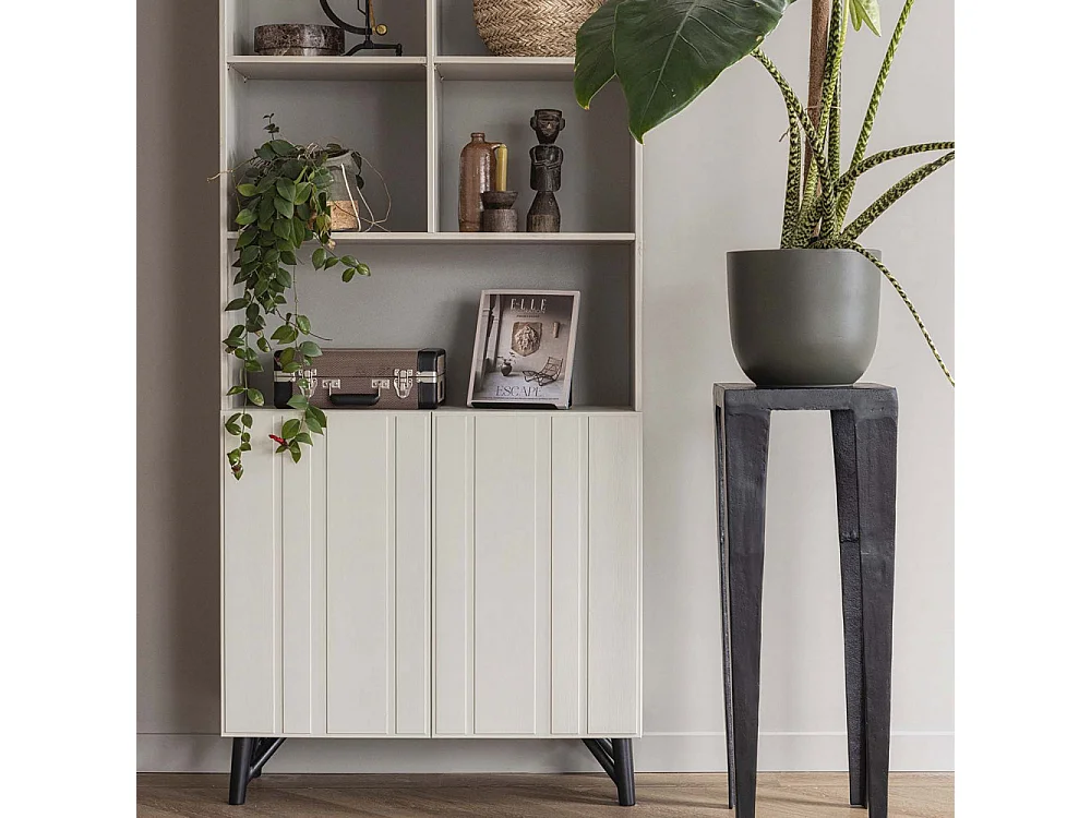 Miller - Buffet haut 2 portes, 5 niches en bois H200cm - Blanc