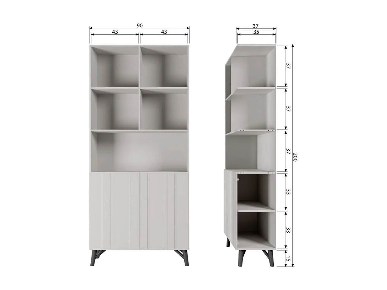 Miller - Buffet haut 2 portes, 5 niches en bois H200cm - Blanc
