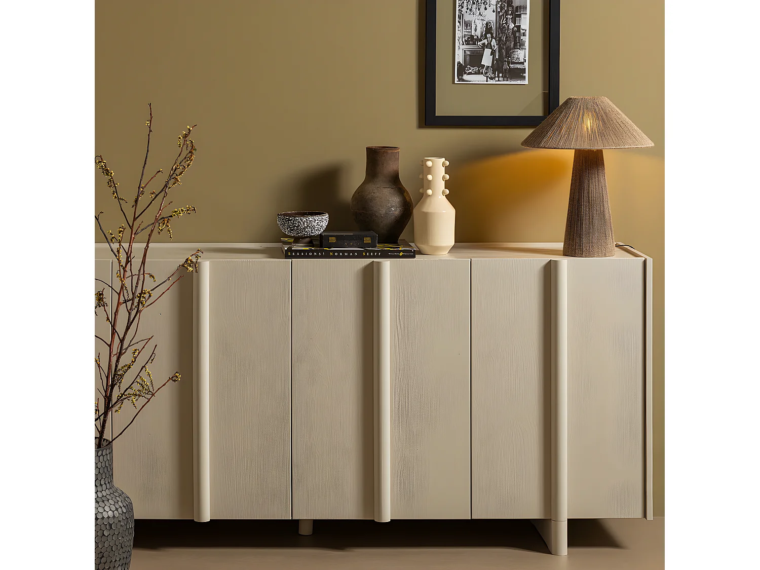 Basu - Buffet 4 portes en bois L200cm - Gris clair