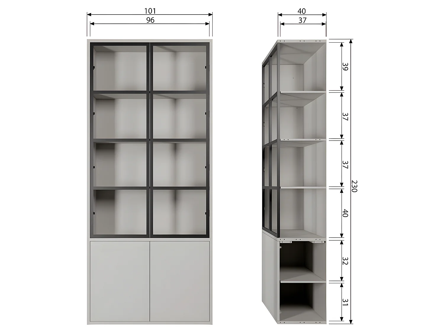 Basic - Vitrine 4 portes en bois et métal H230cm - Gris clair