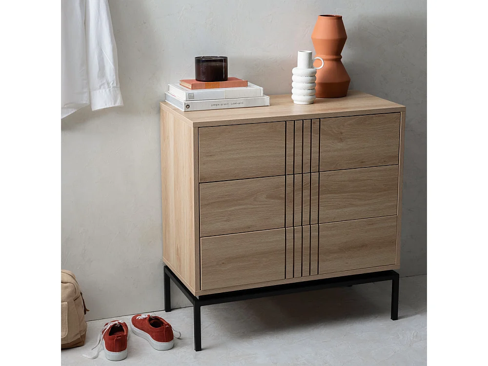 Krokom - Commode 3 tiroirs en bois et métal L80cm - Couleur - Bois clair