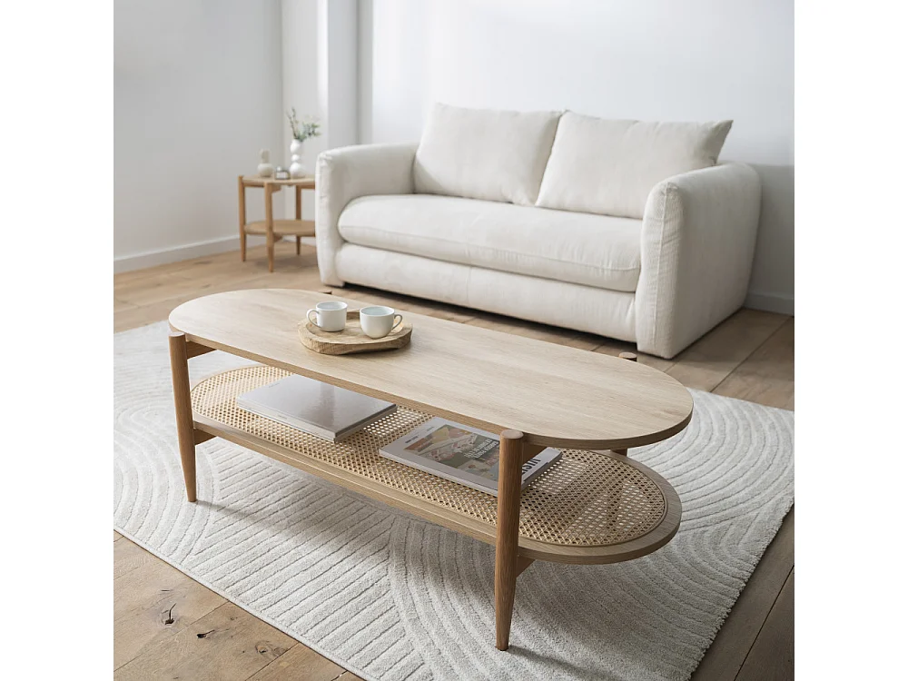 Ellos - Table basse ovale en bois et cannage - Bois clair