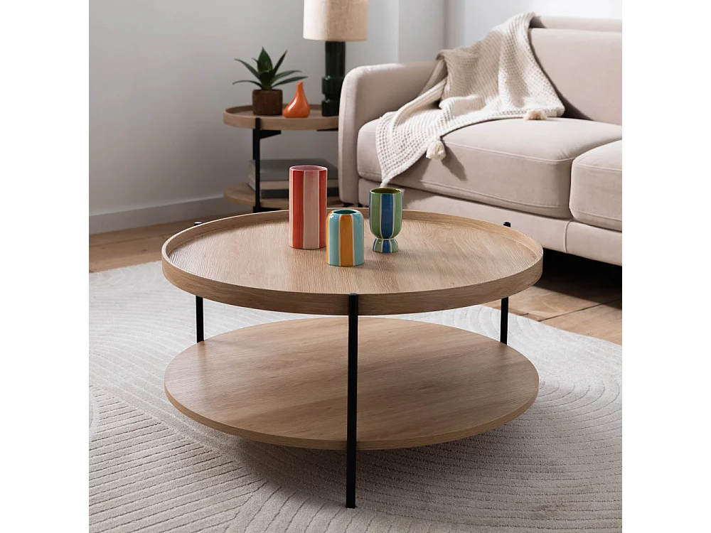 Korro - Table basse ronde en bois et métal ø80cm - Bois clair