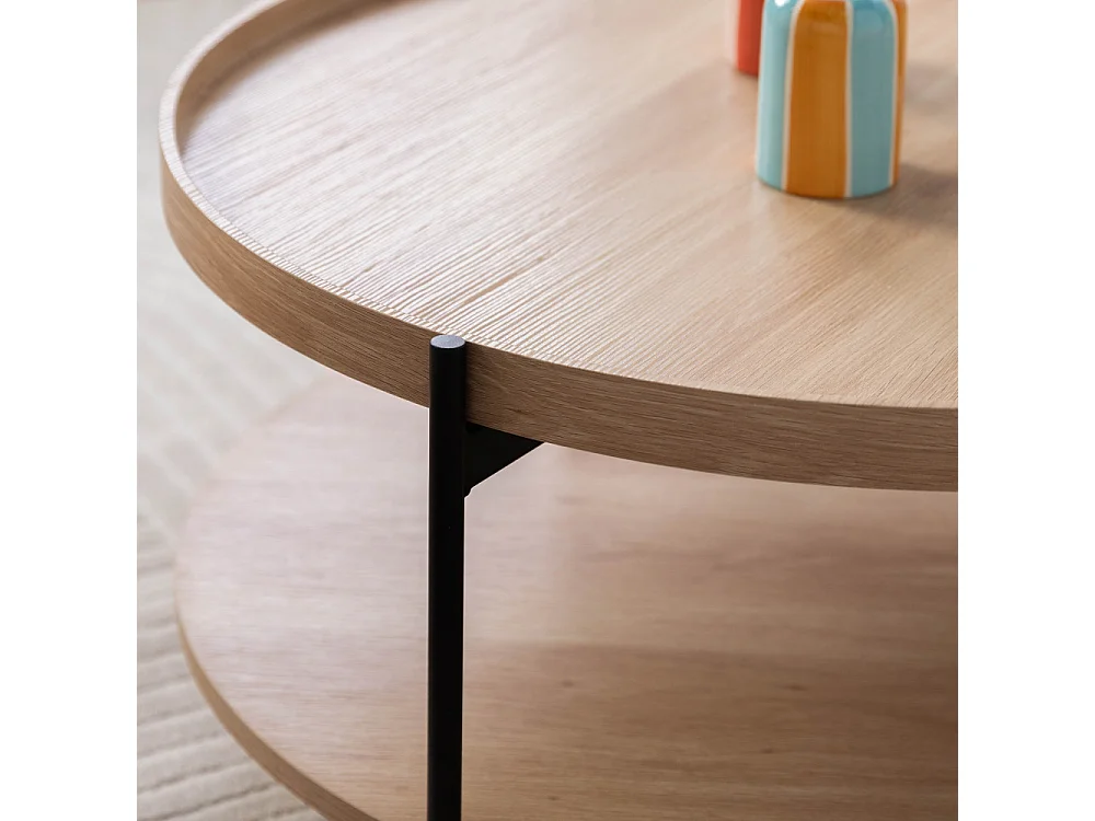 Korro - Table basse ronde en bois et métal ø80cm - Bois clair