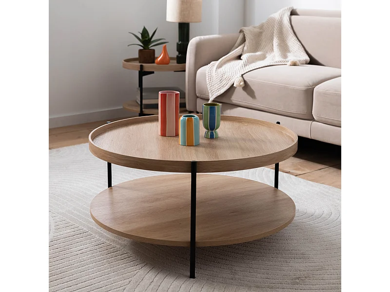 Korro - Table basse ronde en bois et métal ø80cm - Bois clair