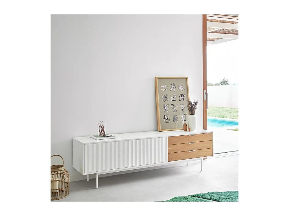 Sierra - Meuble TV 2 portes, 3 tiroirs en bois L180cm - Blanc