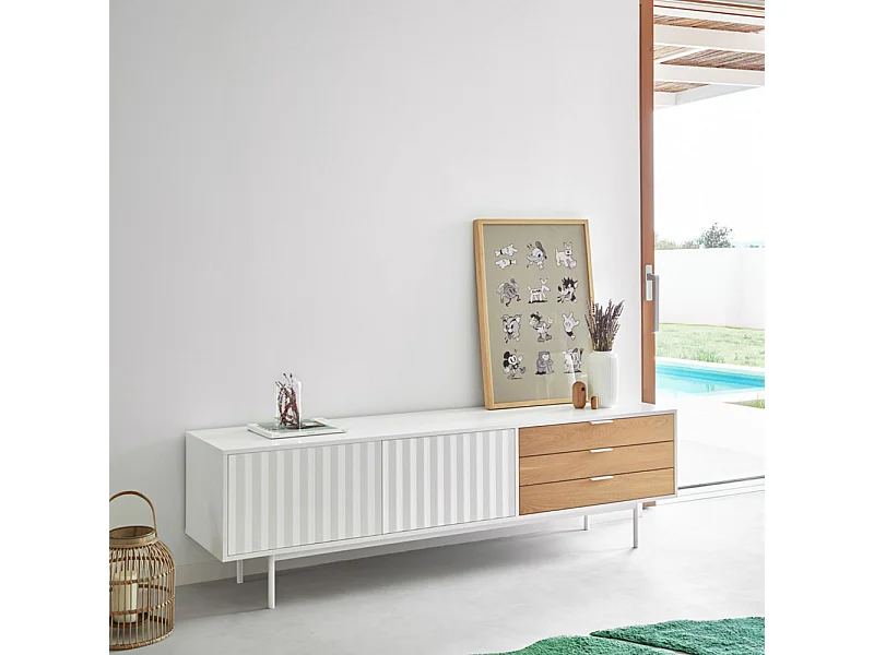 Sierra - Meuble TV 2 portes, 3 tiroirs en bois L180cm - Blanc