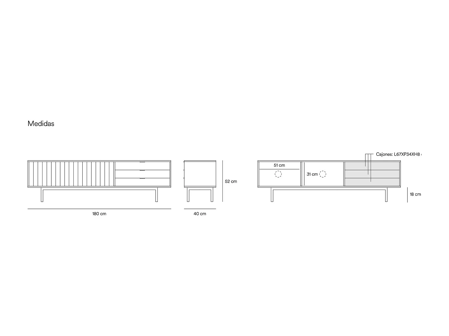 Sierra - Meuble TV 2 portes, 3 tiroirs en bois L180cm - Noir