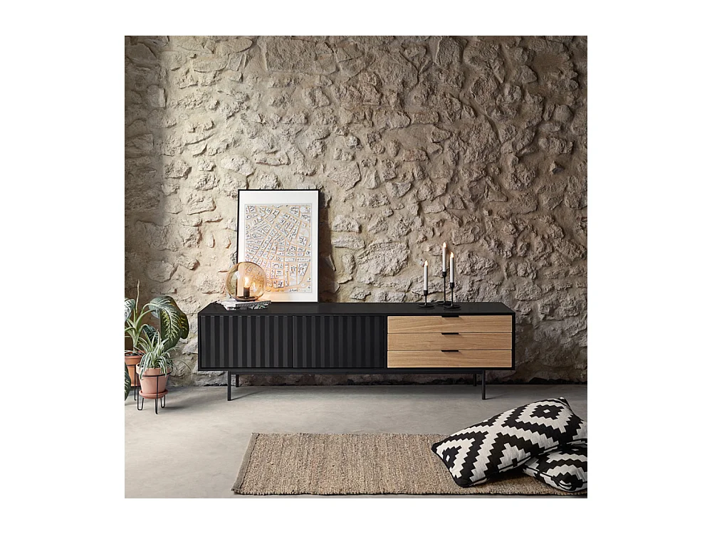 Sierra - Meuble TV 2 portes, 3 tiroirs en bois L180cm - Noir