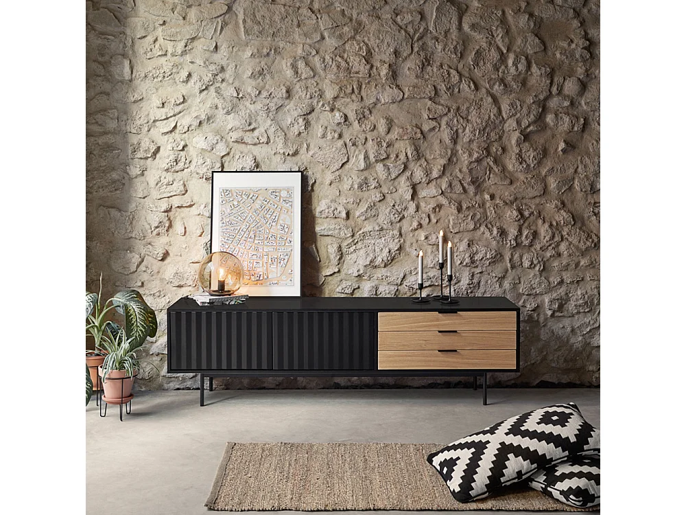 Sierra - Meuble TV 2 portes, 3 tiroirs en bois L180cm - Noir