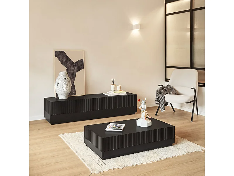 Doric - Meuble TV 4 portes en bois L180cm - Noir