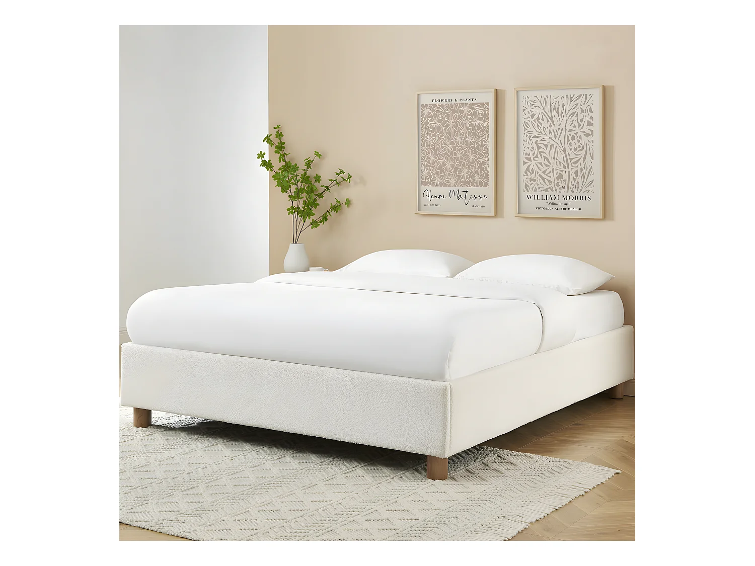 Millo - Lit coffre en tissu bouclette 140x190cm - Ecru