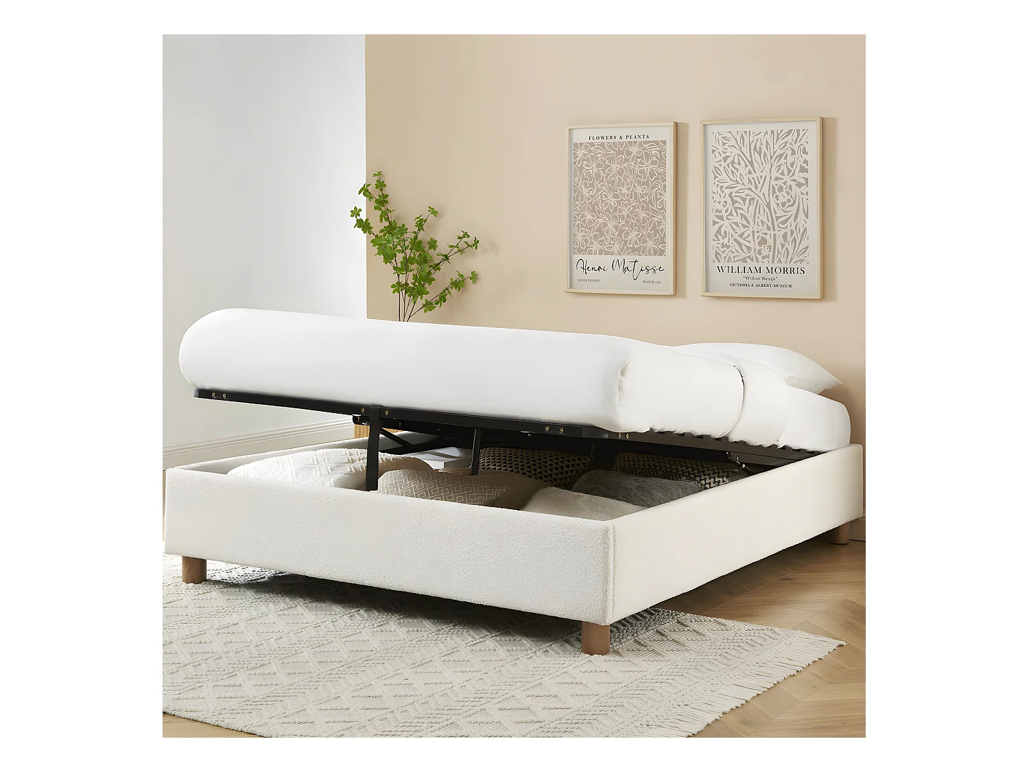 Millo - Lit coffre en tissu bouclette 140x190cm - Ecru