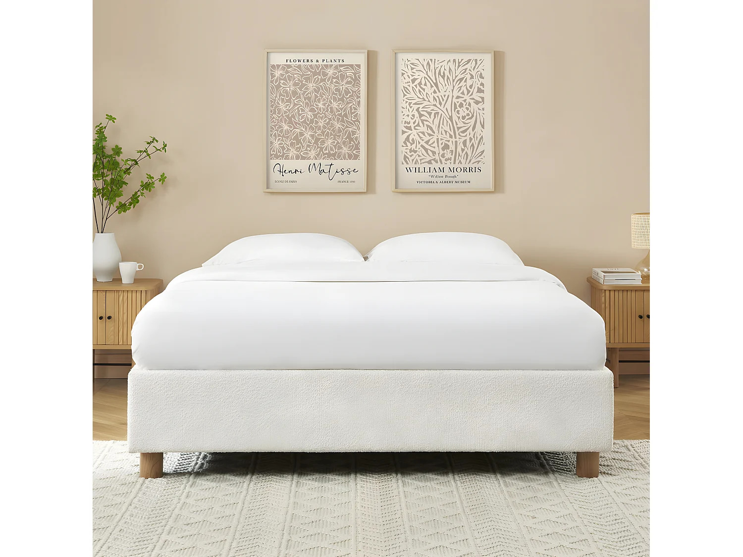 Millo - Lit coffre en tissu bouclette 140x190cm - Ecru