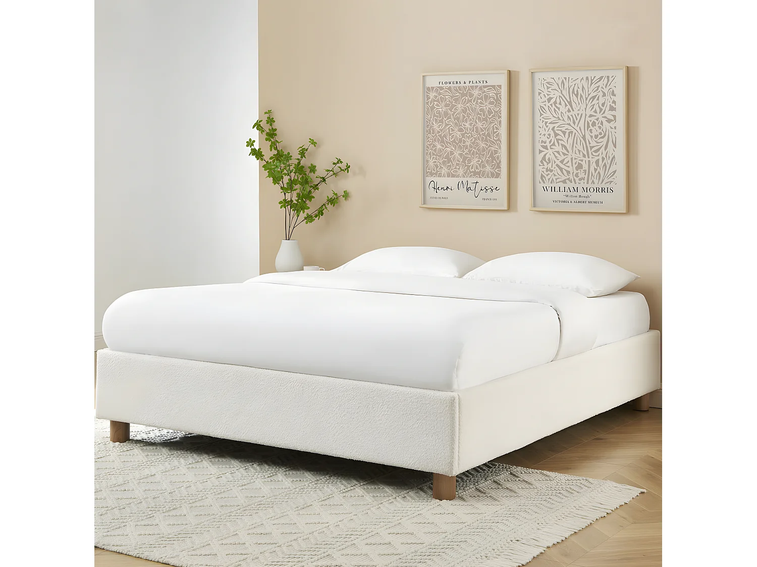 Millo - Lit coffre en tissu bouclette 140x190cm - Ecru
