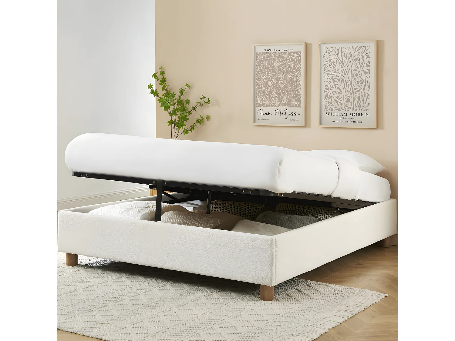 Millo - Lit coffre en tissu bouclette 140x190cm - Ecru