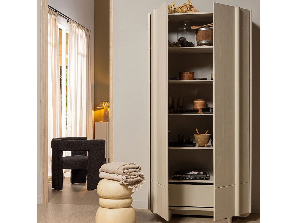 Basu - Armoire 2 portes, 1 tiroir en bois H210cm - Gris clair