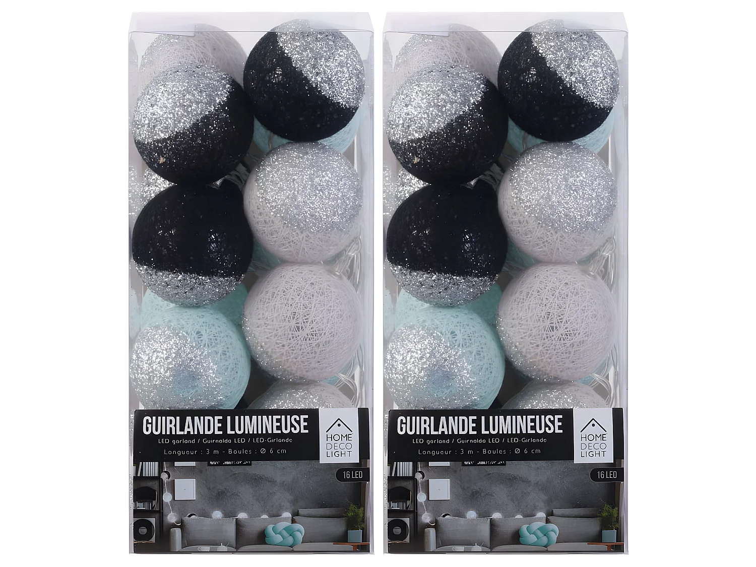 Guirlande lumineuse boules pailletées 16 leds (Lot de 2)