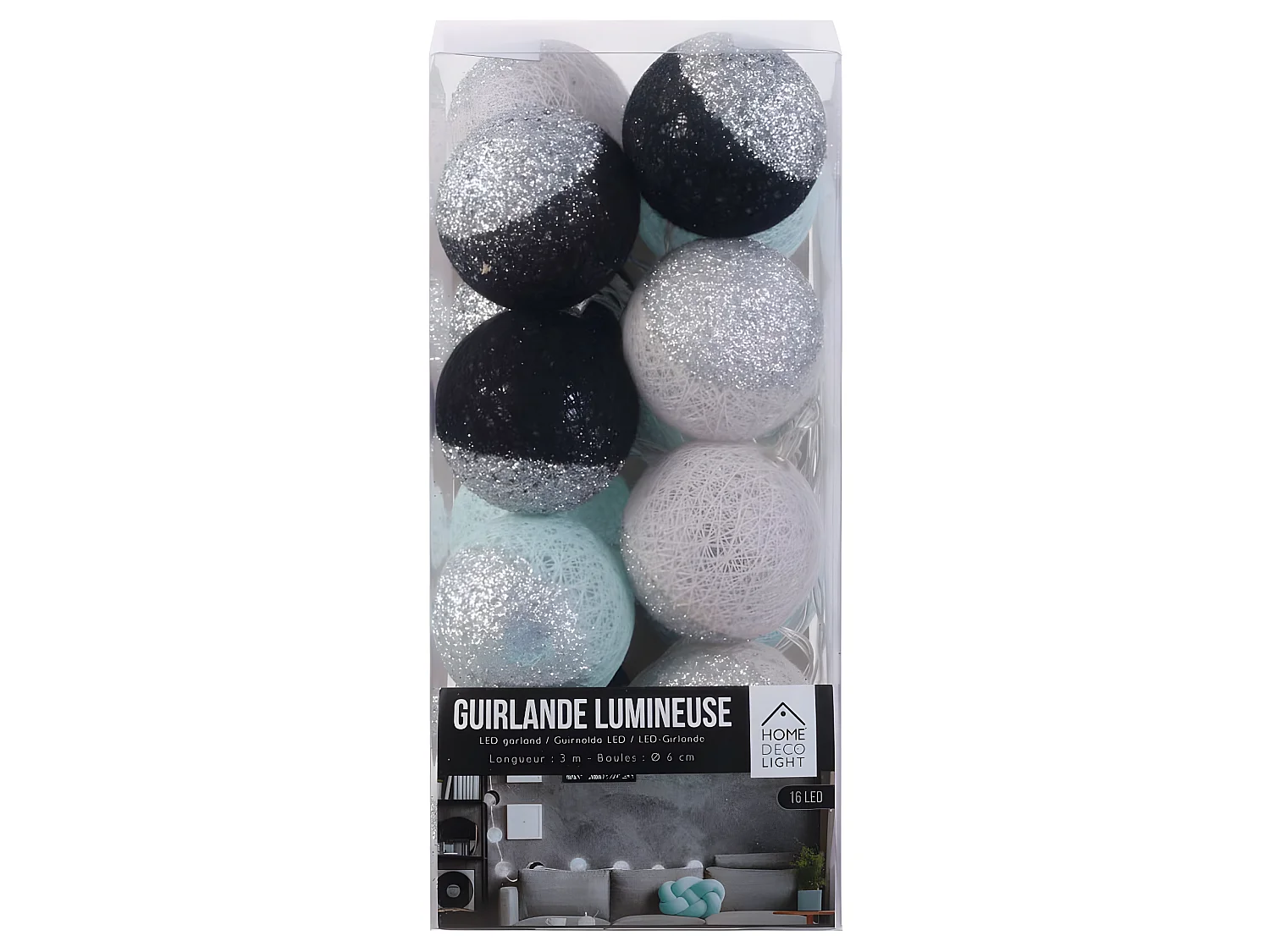 Guirlande lumineuse boules pailletées 16 leds (Lot de 2)